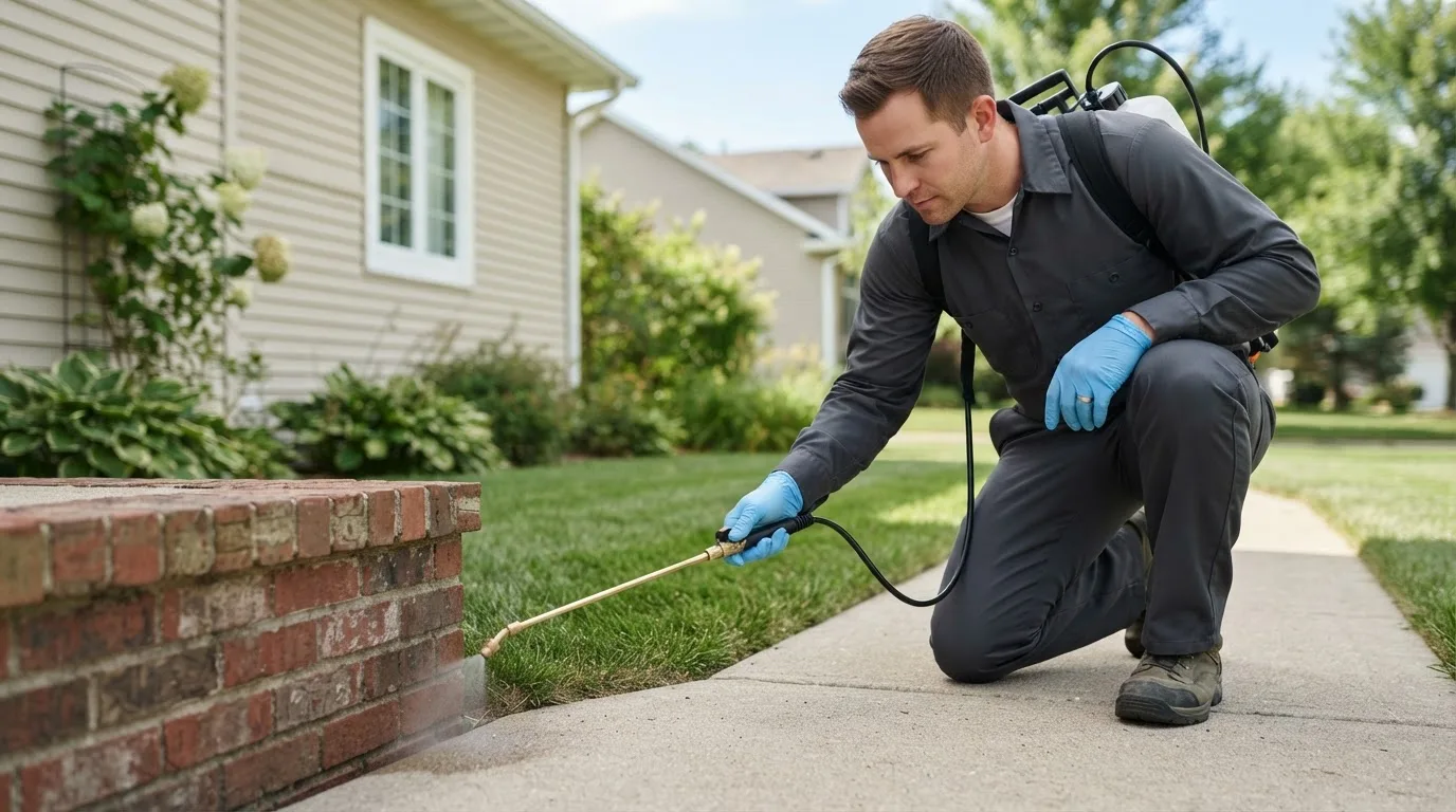 Pest control technician treating a home near Flintstone, GA